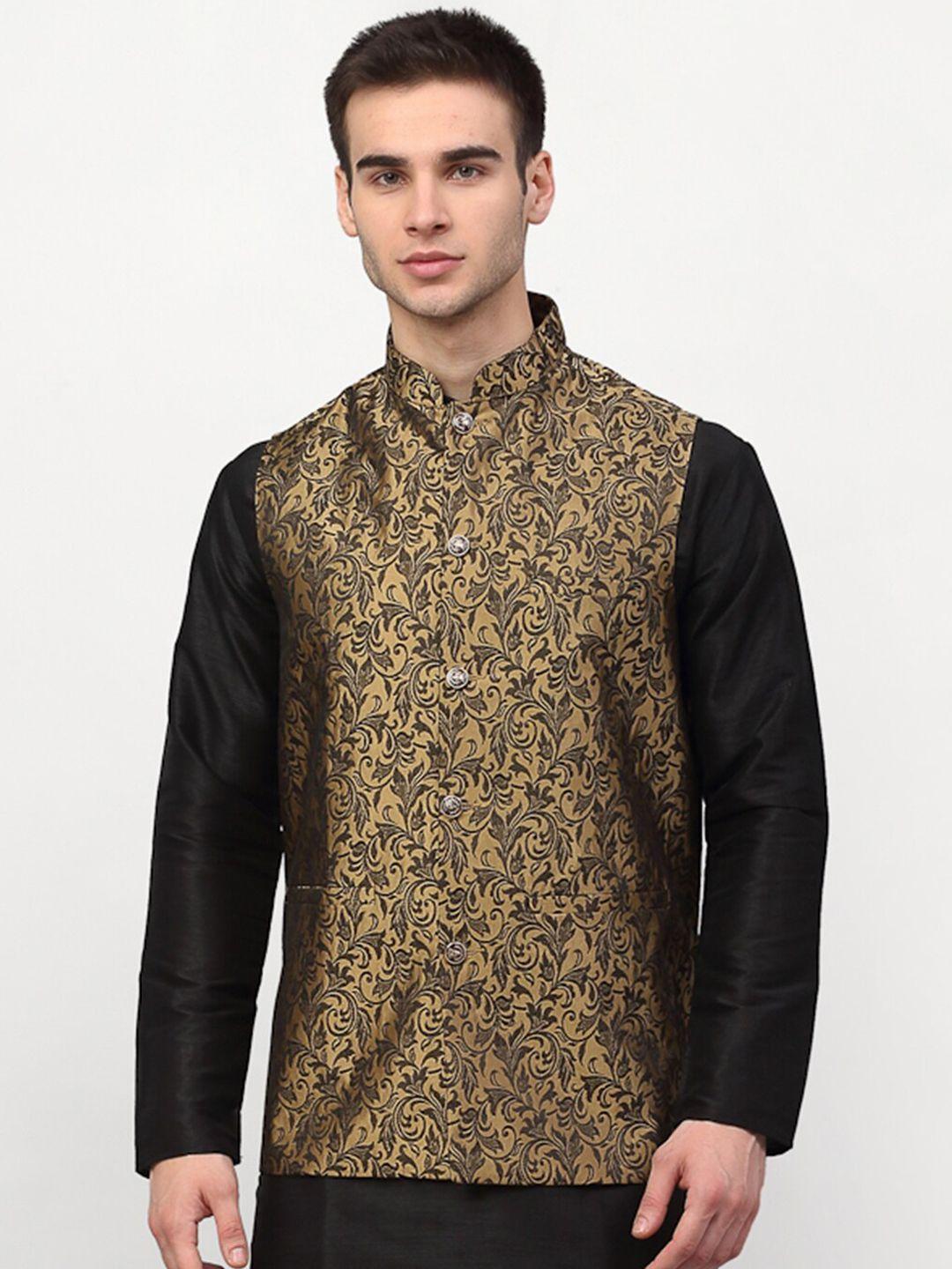 jompers men golden woven design nehru jacket