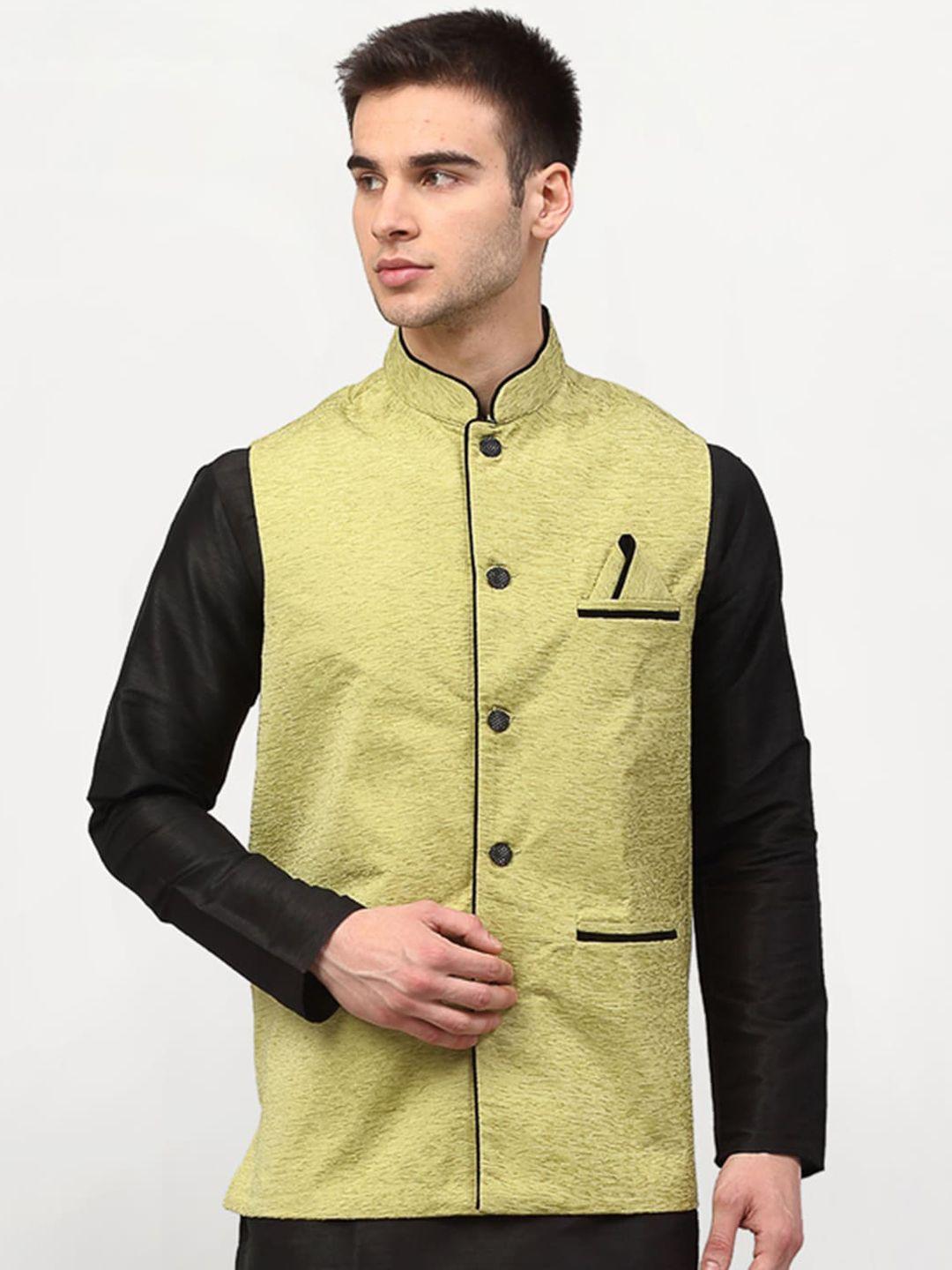 jompers men green & black woven design nehru jacket