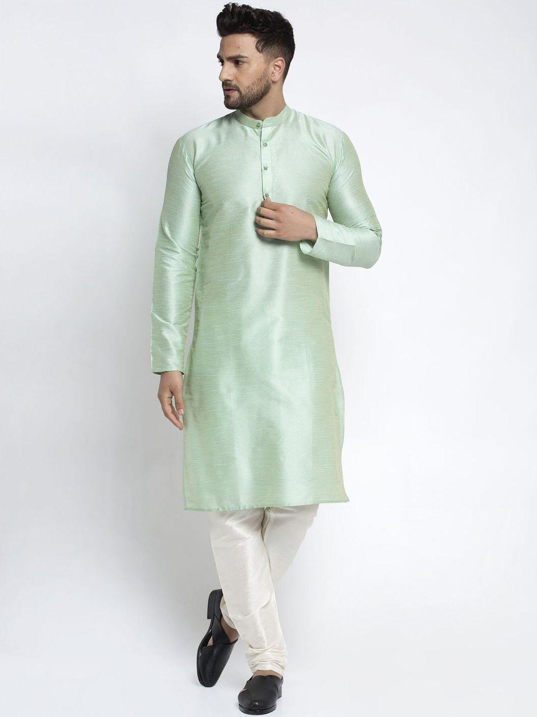 jompers men green & off-white solid kurta with churidar