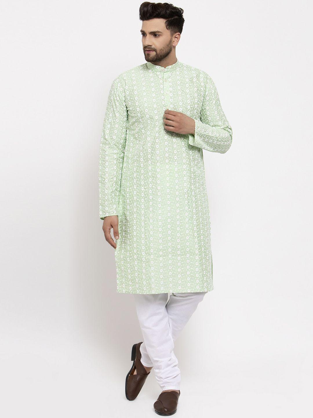 jompers men green & white embroidered kurta with churidar