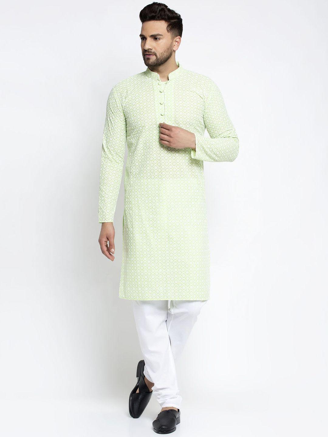 jompers men green & white embroidered kurta with pyjamas