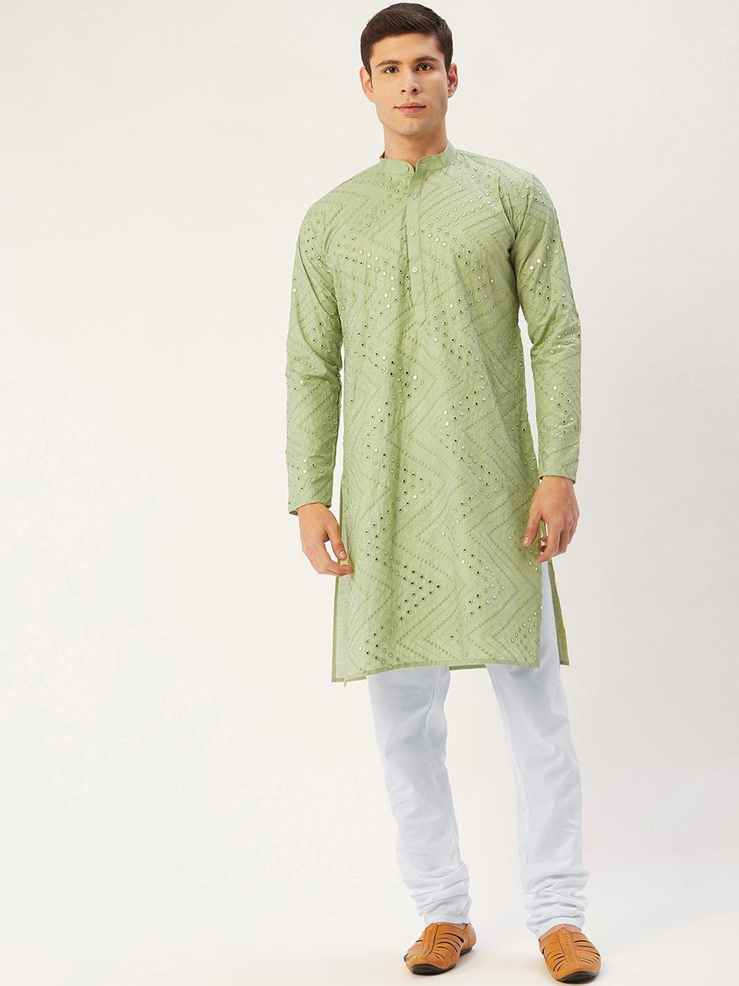 jompers men green & white embroidered mirror work pure cotton kurta with churidar