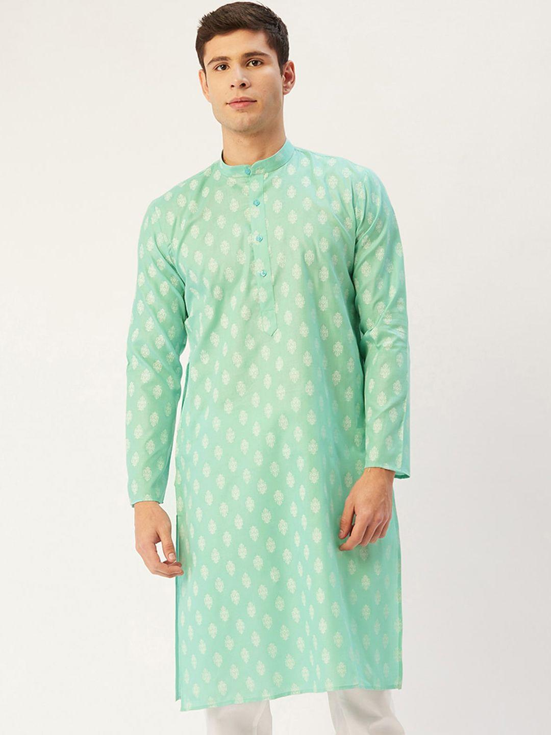 jompers men green & white ethnic motifs printed kurta