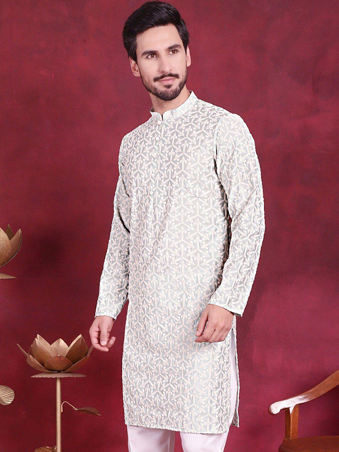 jompers men green & white geometric embroidered sequinned kurta