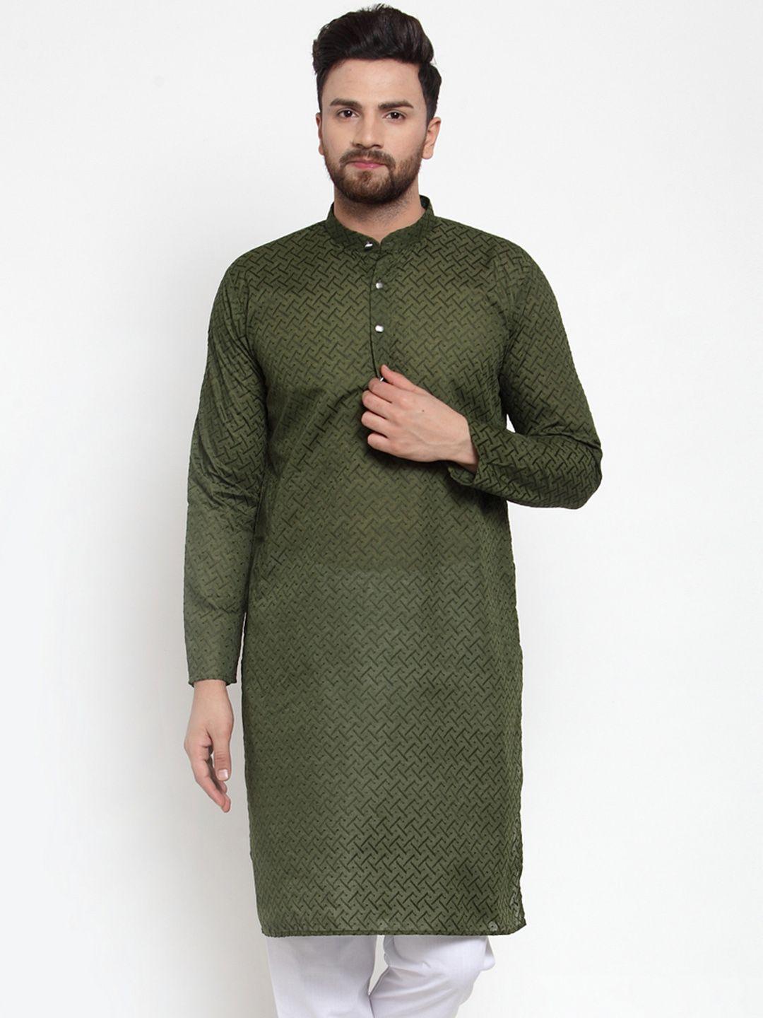 jompers men green & white self design kurta