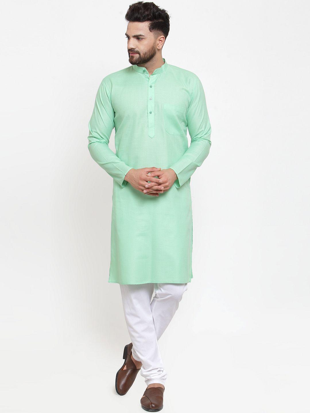 jompers men green & white solid kurta with churidar