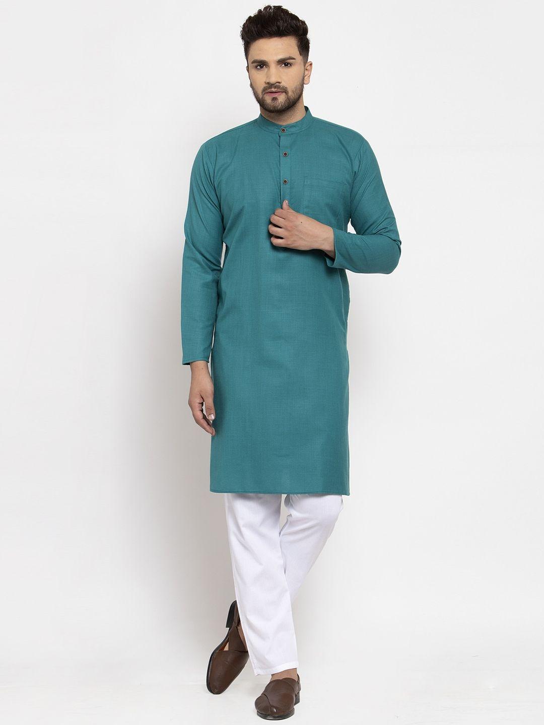 jompers men green & white solid kurta with pyjamas