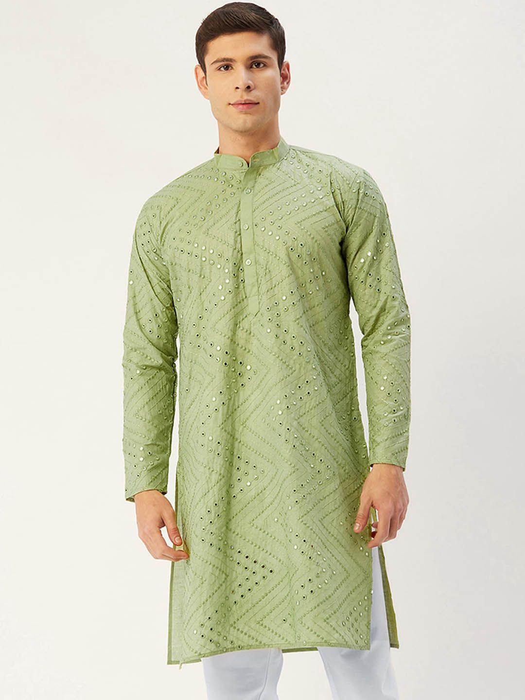 jompers men green embroidered mirror work pure cotton kurtas