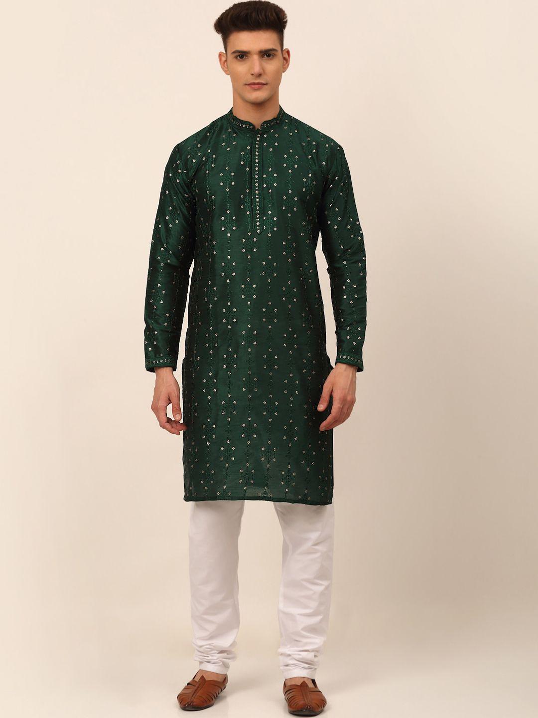 jompers men green ethnic motifs embroidered kurta with churidar