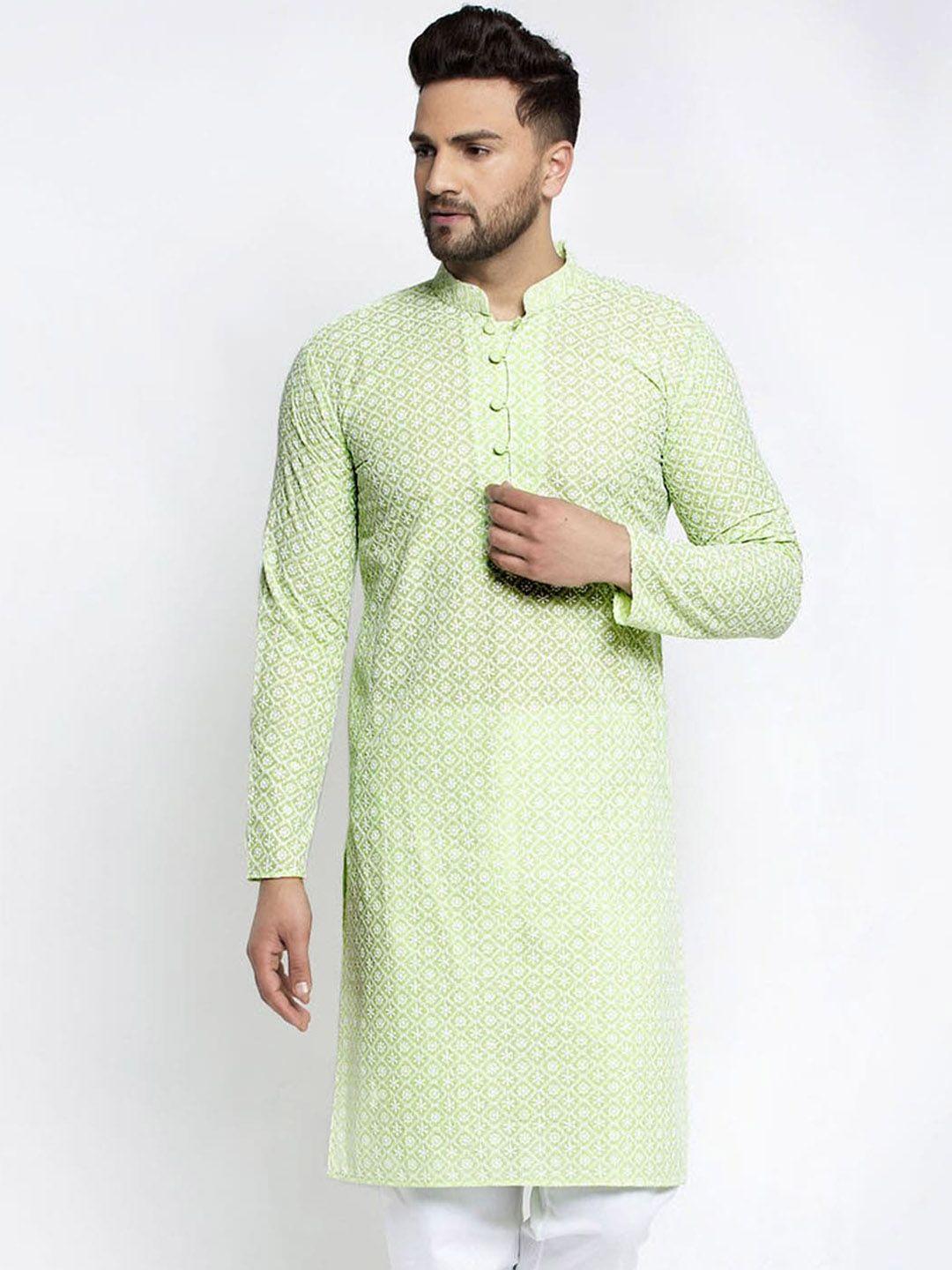 jompers men green ethnic motifs embroidered kurta