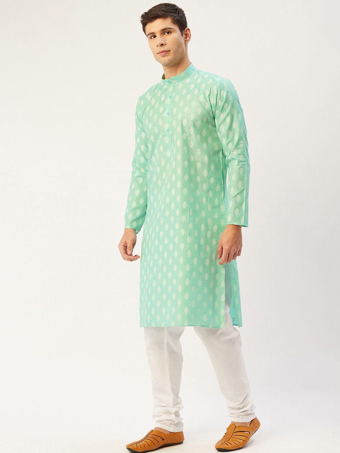 jompers men green ethnic motifs printed angrakha kurta with churidar