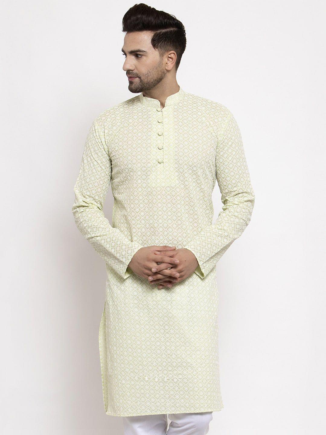 jompers men green floral embroidered kurta