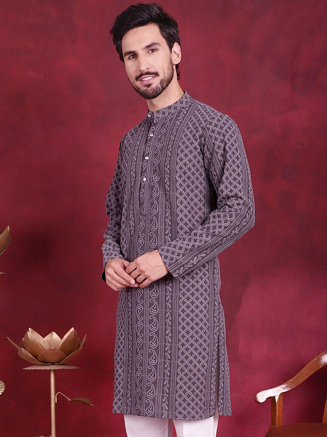 jompers men grey & white paisley embroidered sequinned georgette kurta