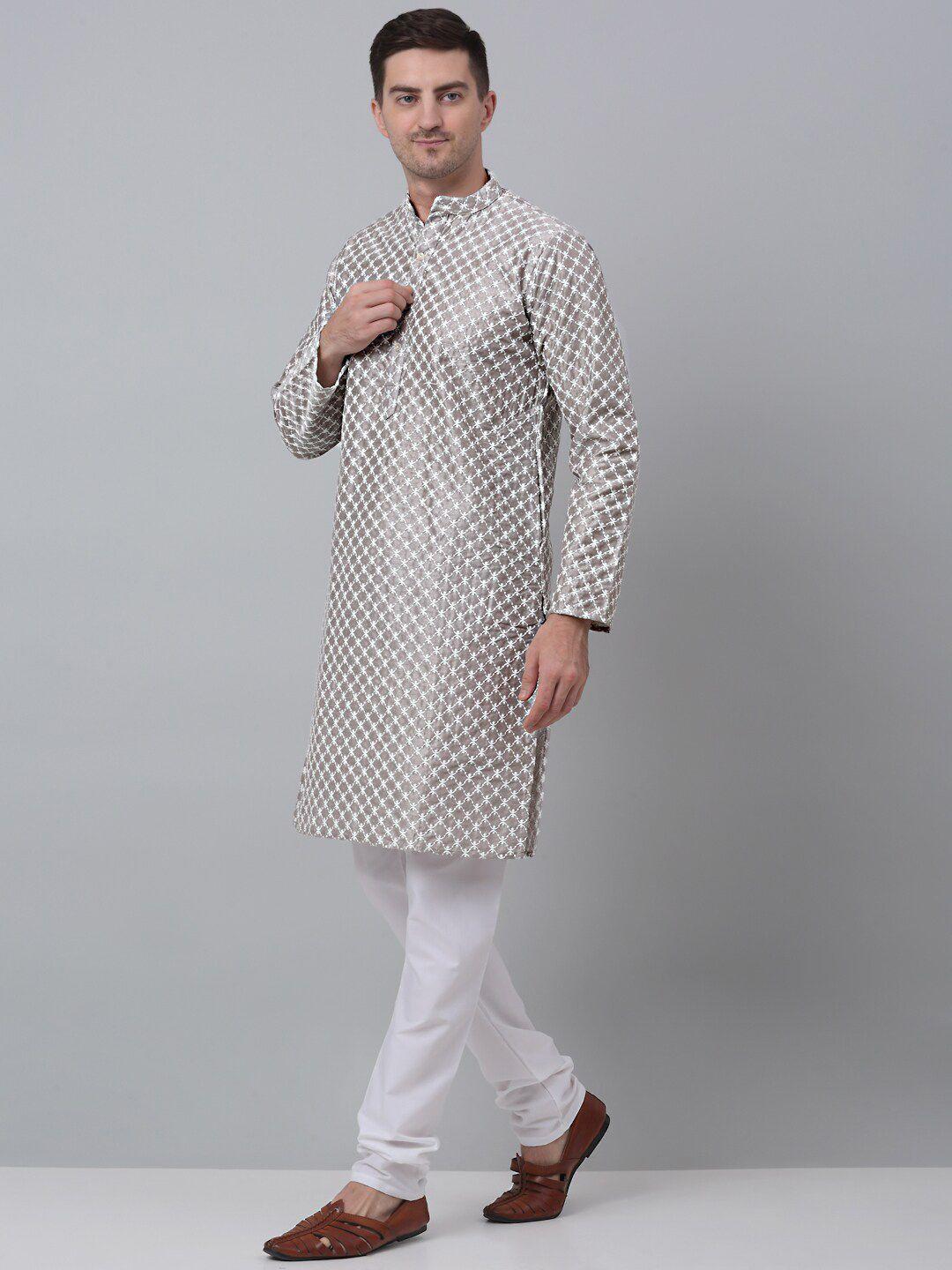 jompers men grey embroidered regular chikankari dupion silk kurta with churidar