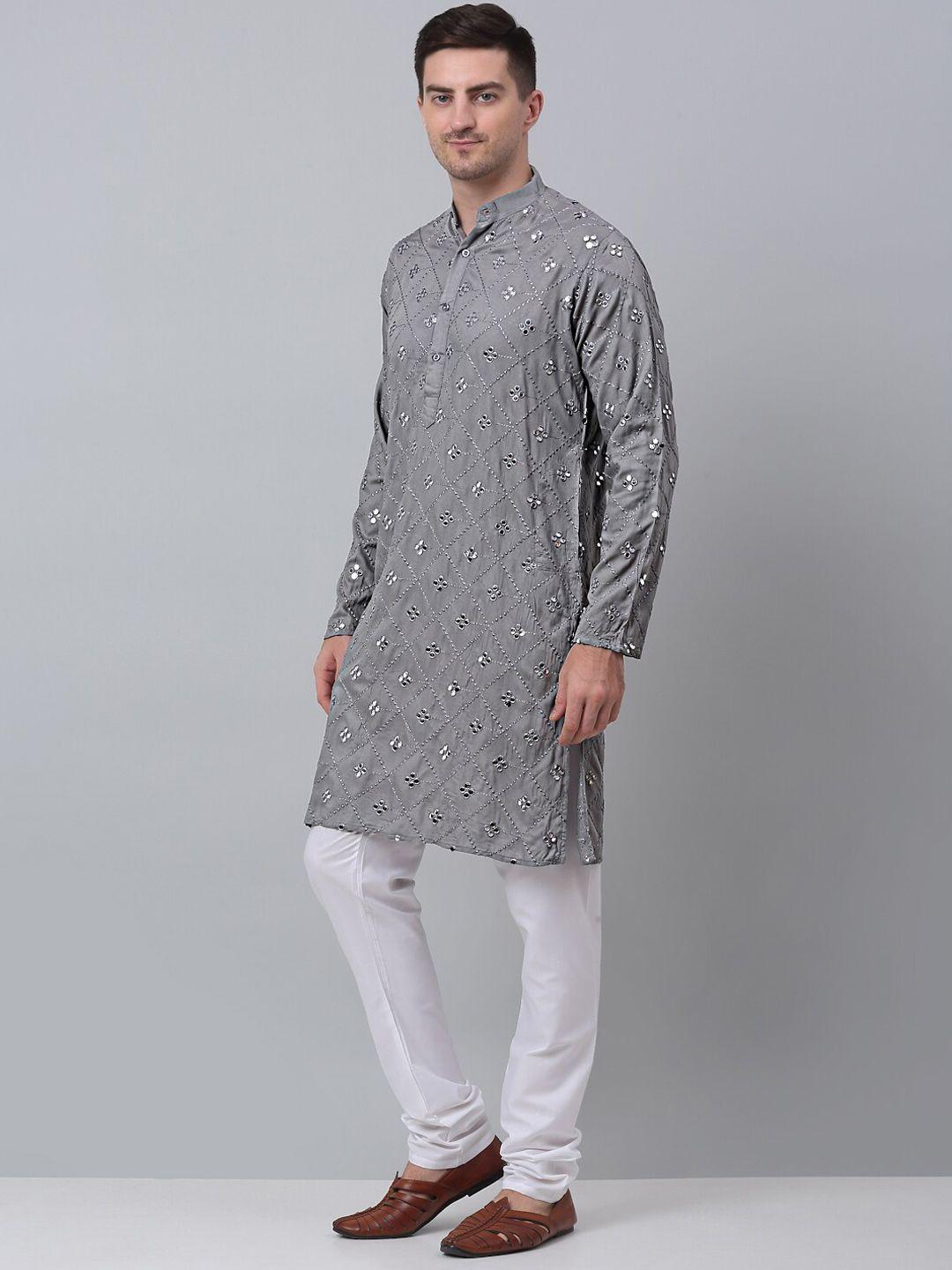 jompers men grey embroidered regular mirror work pure cotton kurta with churidar