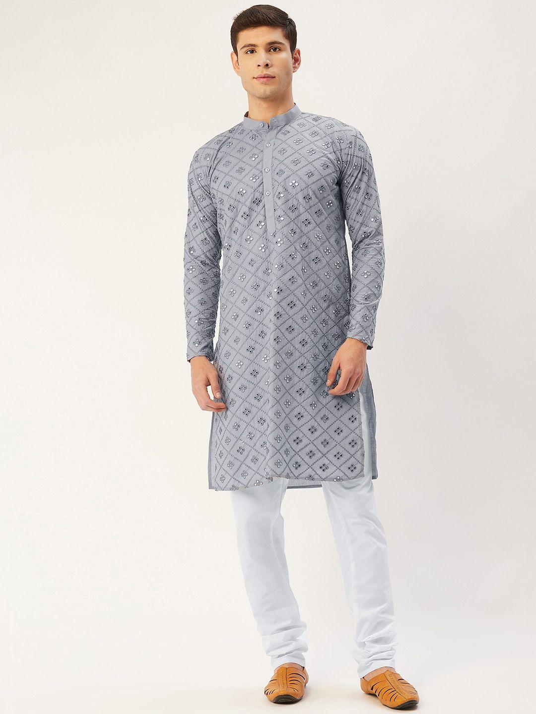 jompers men grey ethnic motifs embroidered chikankari pure cotton kurta with churidar