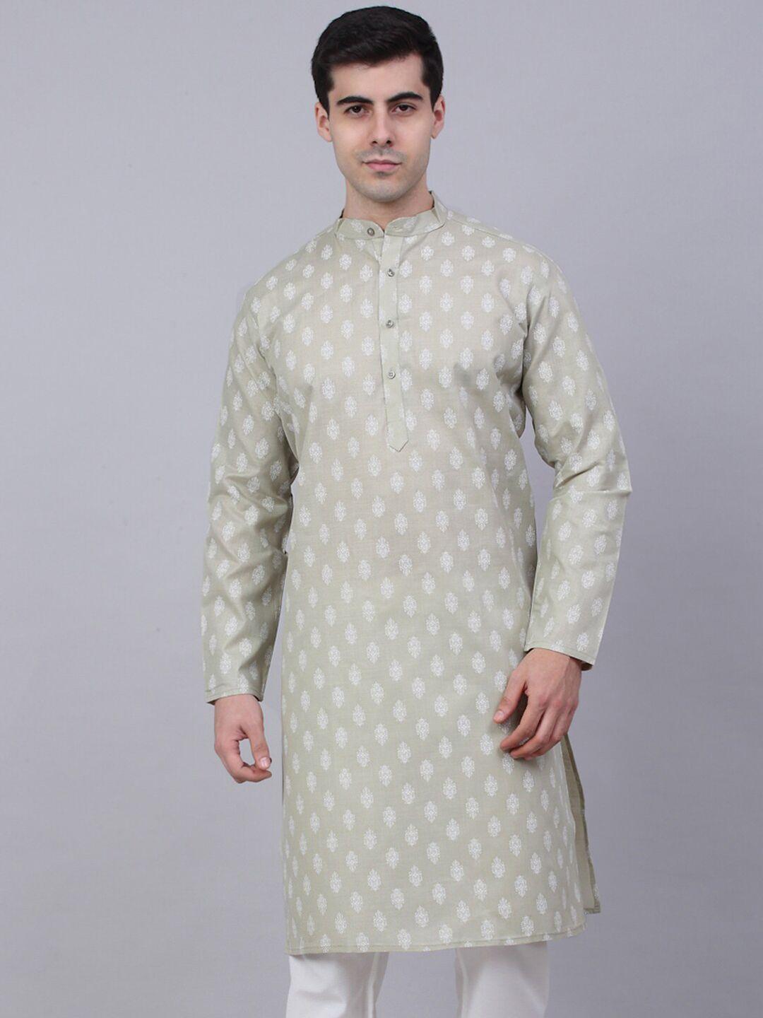 jompers men grey ethnic motifs printed cotton kurta