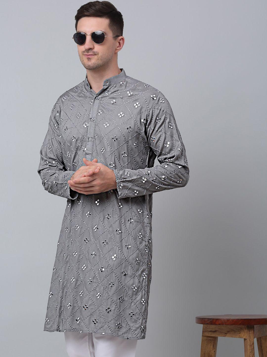 jompers men grey geometric flared sleeves mirror work kurta