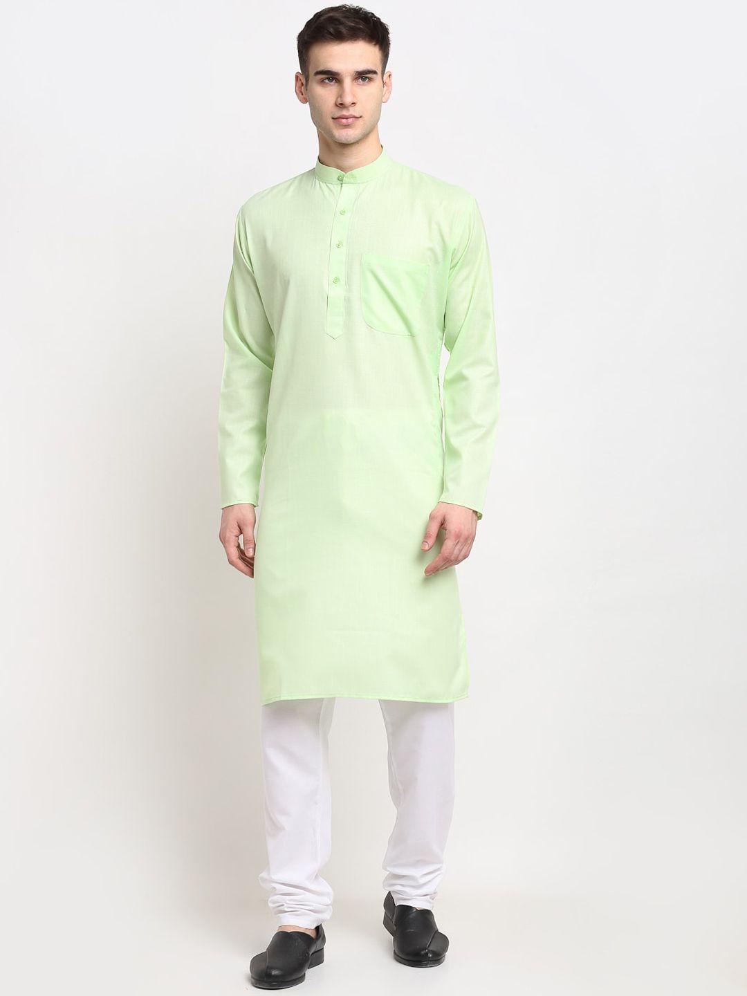 jompers men lime green solid mandarin collar kurta with churidar