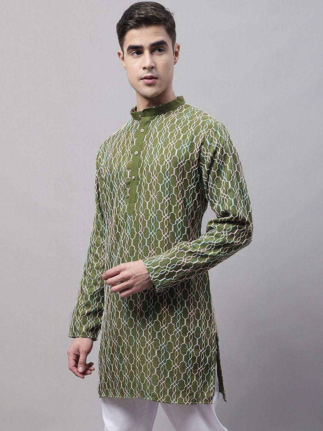 jompers men mandarin collar geometric embroidered pure cotton kurta