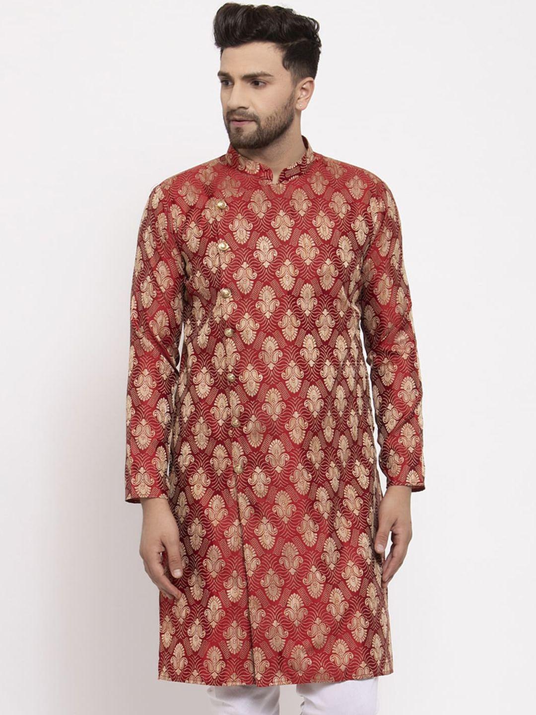 jompers men maroon & beige printed straight kurta