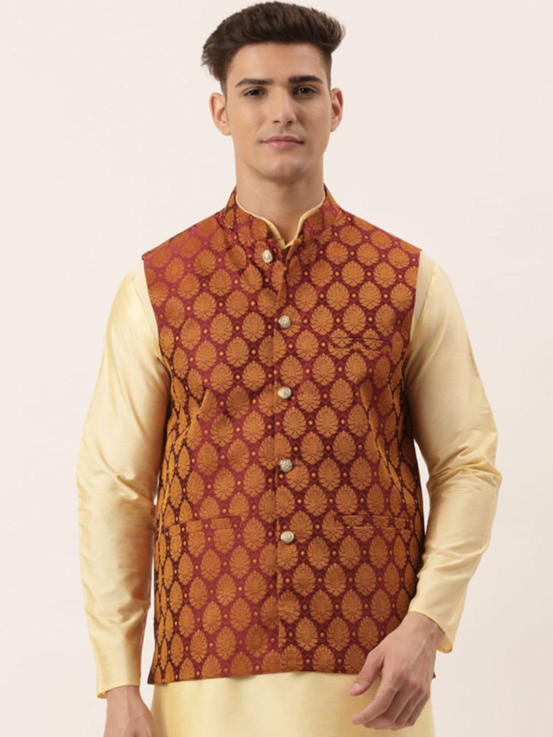 jompers men maroon & gold-coloured woven design nehru jacket