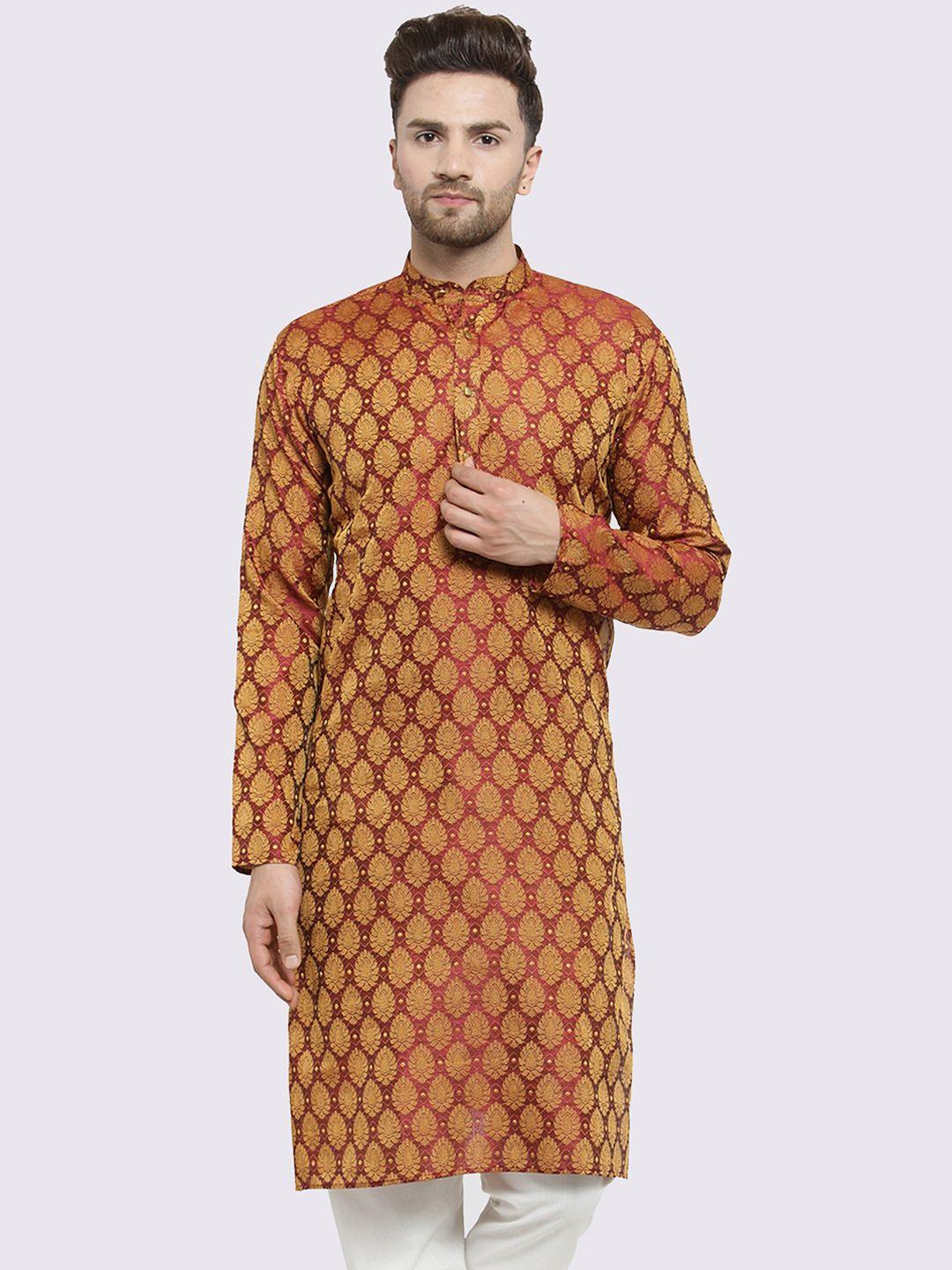 jompers men maroon & gold-coloured woven design straight kurta