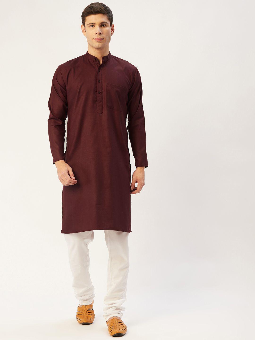 jompers men maroon & off-white solid pure cotton kurta with churidar