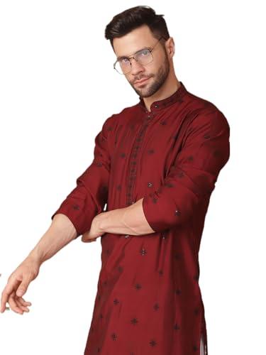 jompers men maroon collar chikankari embroidered kurta only (maroon, xxl)