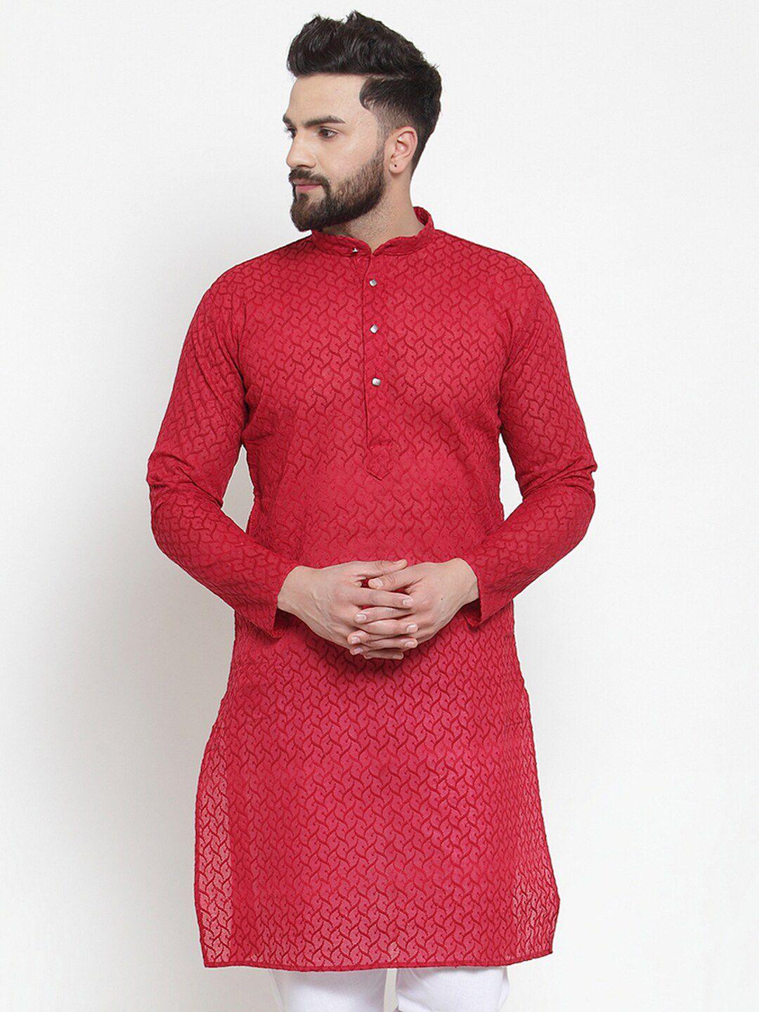 jompers men maroon embroidered pure cotton kurta