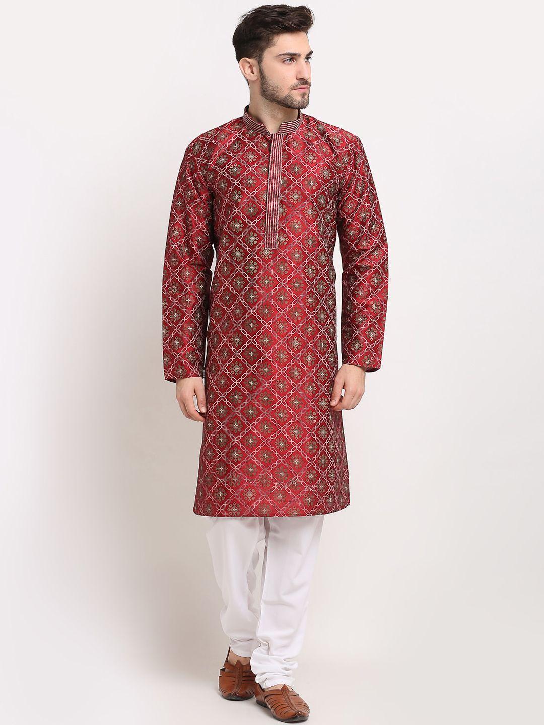 jompers men maroon ethnic motifs printed regular kurta with pyjamas