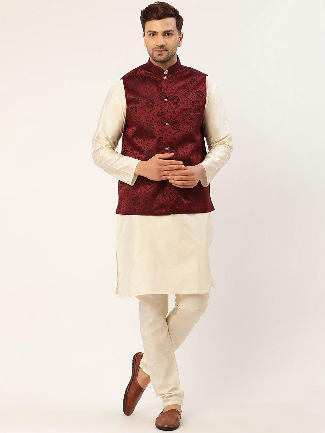 jompers men maroon floral layered kurta with churidar