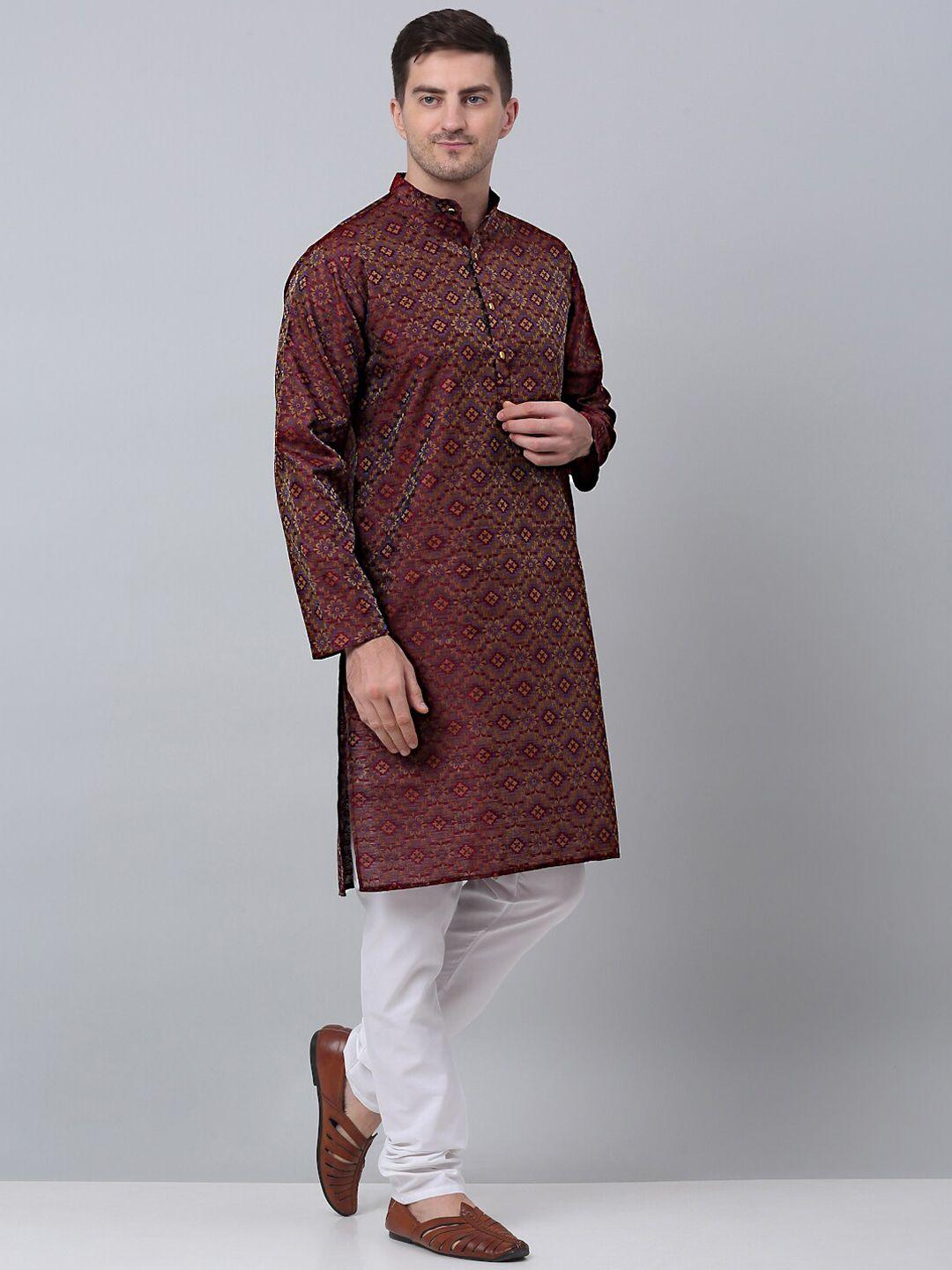 jompers men maroon floral regular kurta with churidar