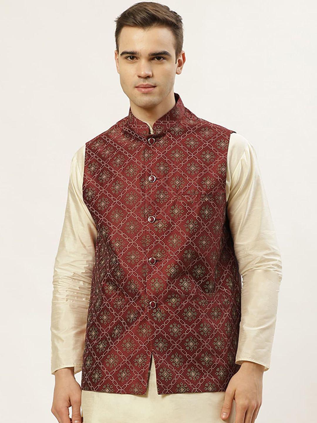 jompers men maroon woven-design nehru jacket