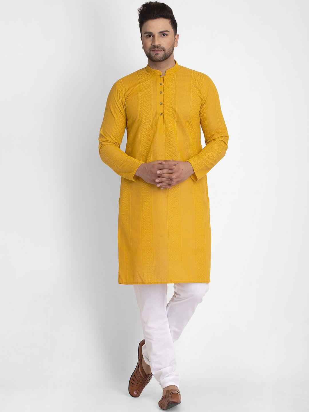 jompers men mustard & white embroidered kurta with churidar