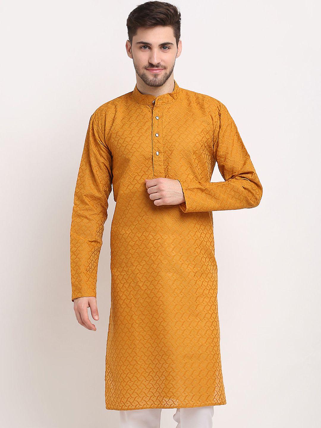 jompers men mustard geometric embroidered pure cotton kurta