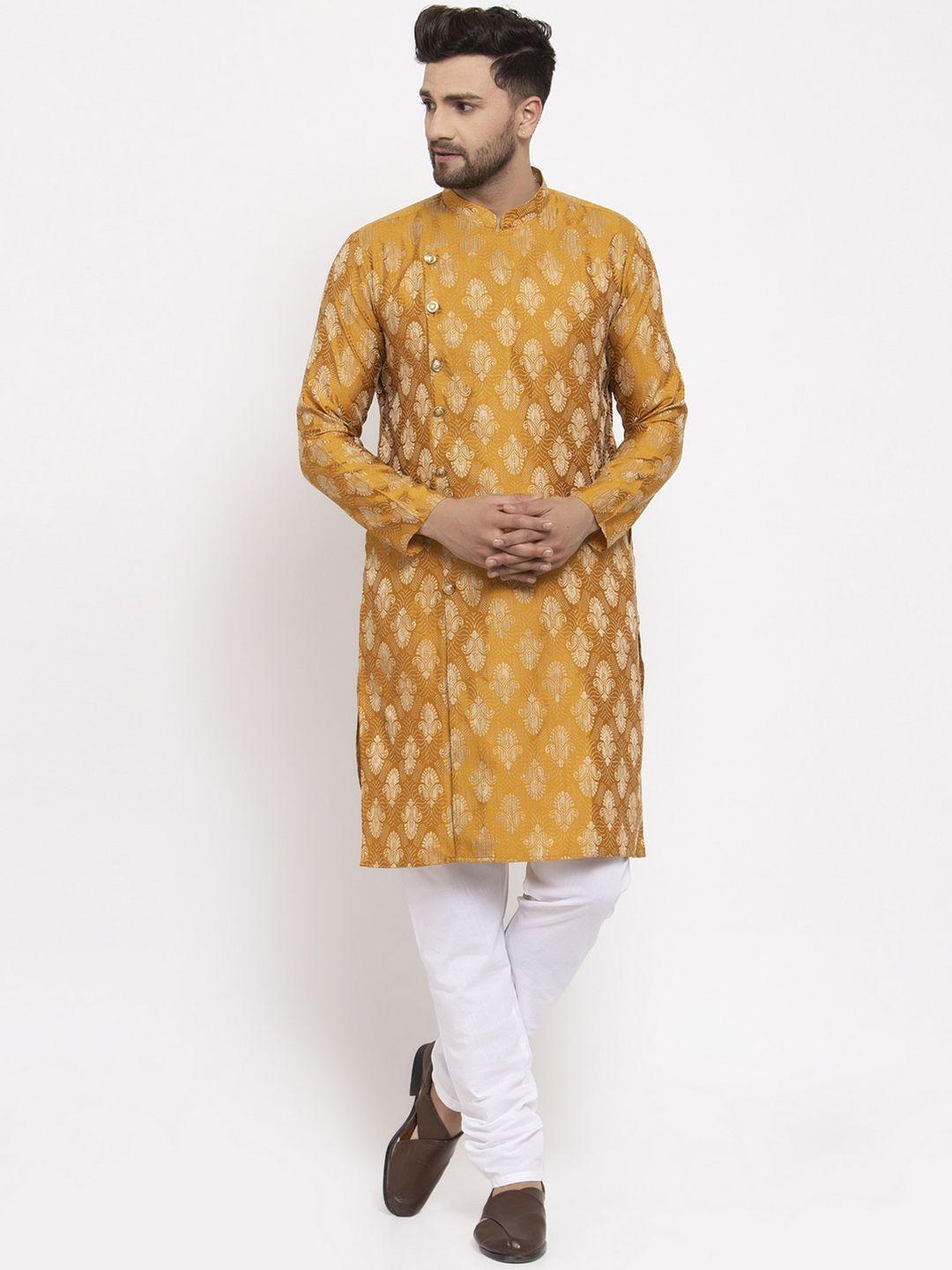 jompers men mustard yellow & white printed kurta with churidar