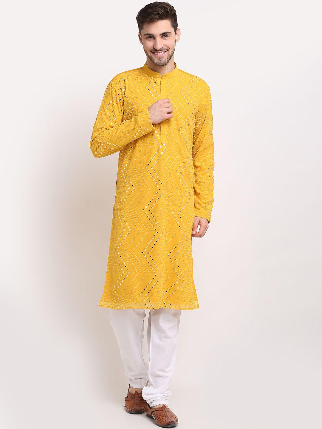 jompers men mustard yellow & white regular kurta with pyjamas