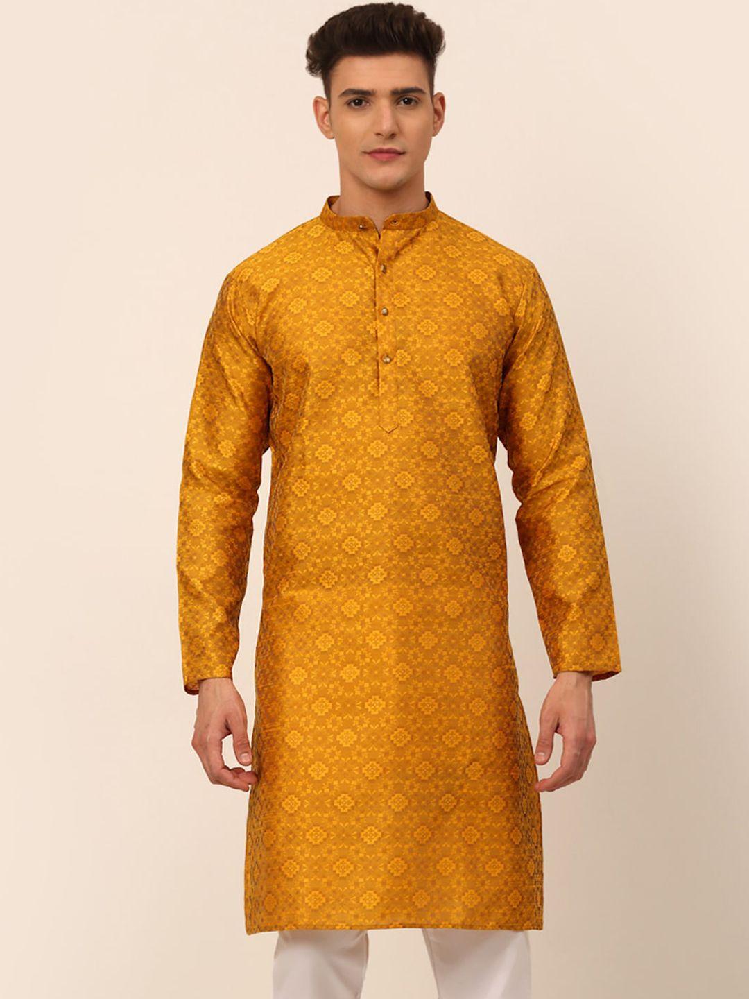 jompers men mustard yellow ethnic motifs thread work floral jacquard kurta