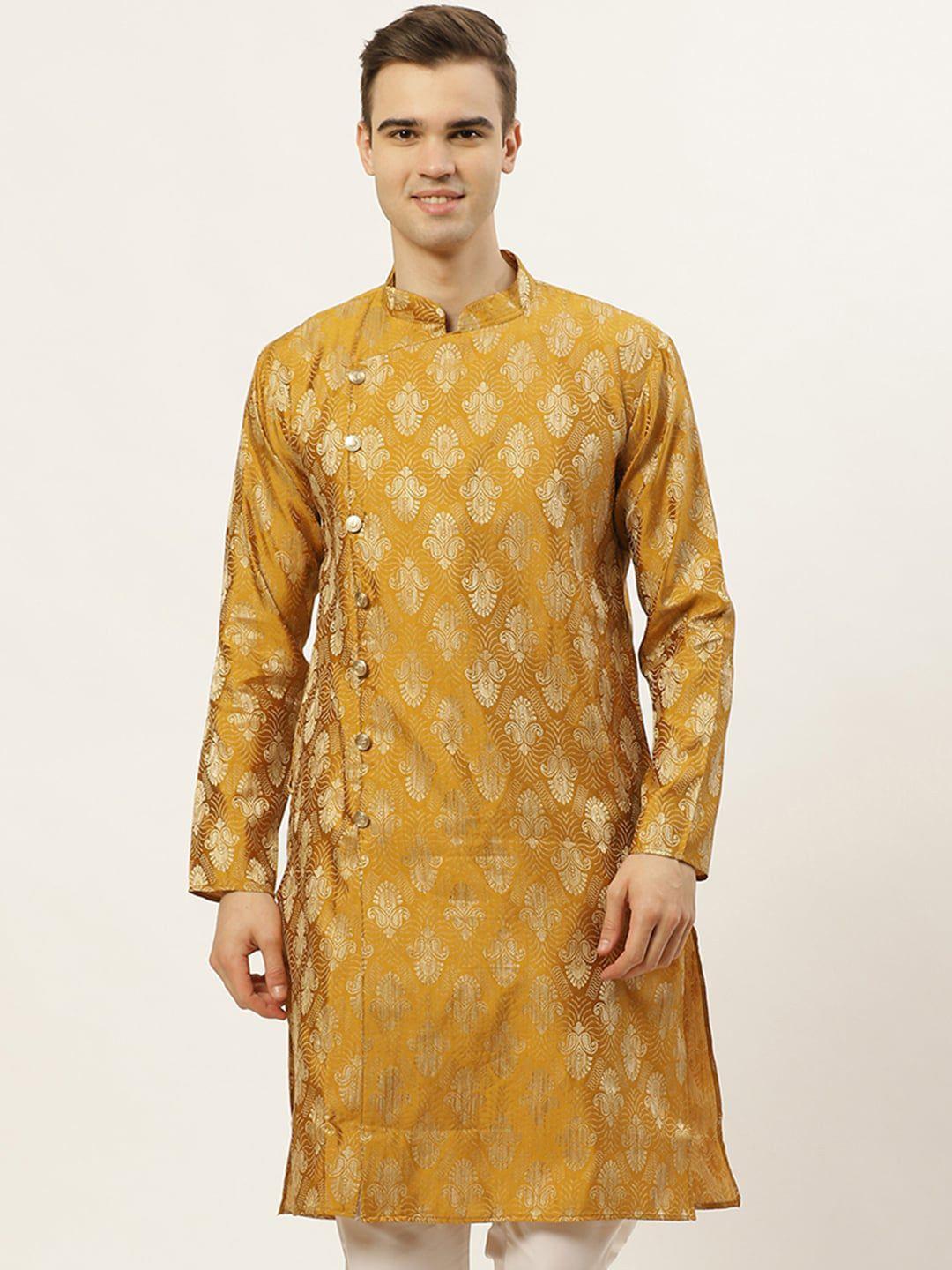 jompers men mustard yellow ethnic motifs woven design angrakha kurta