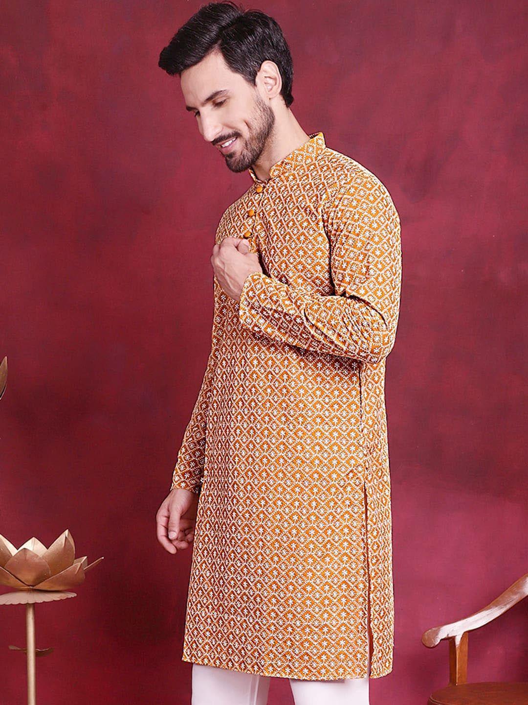 jompers men mustard yellow floral embroidered chikankari kurta