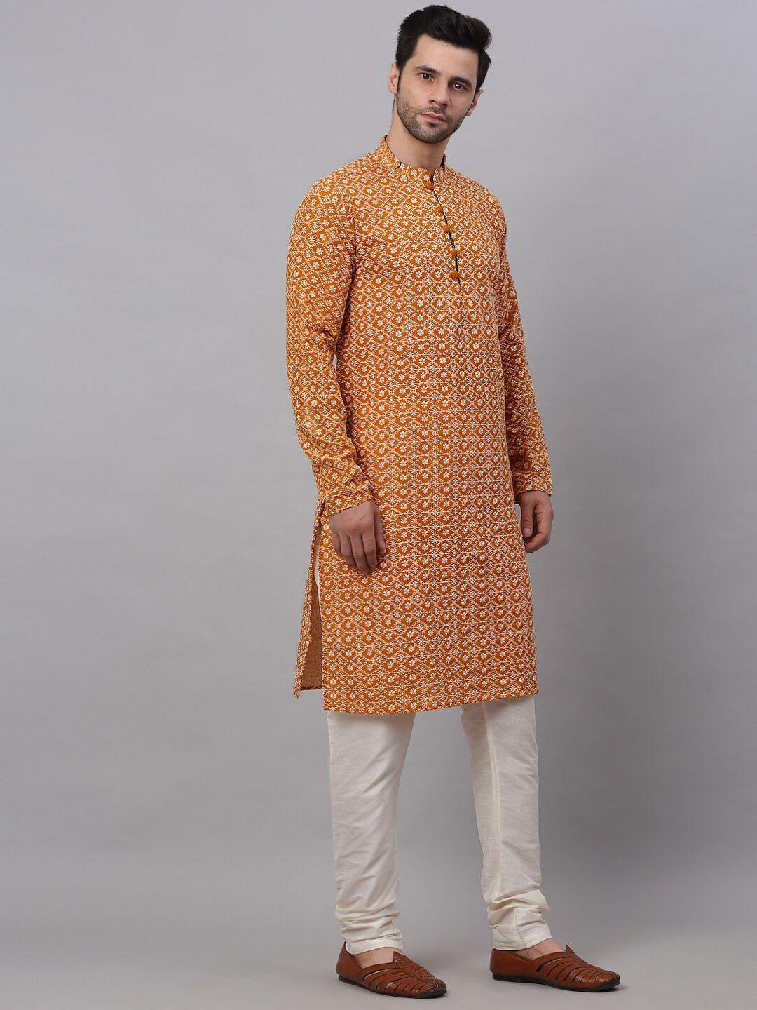 jompers men mustard yellow floral embroidered chikankari pure cotton kurta with trousers
