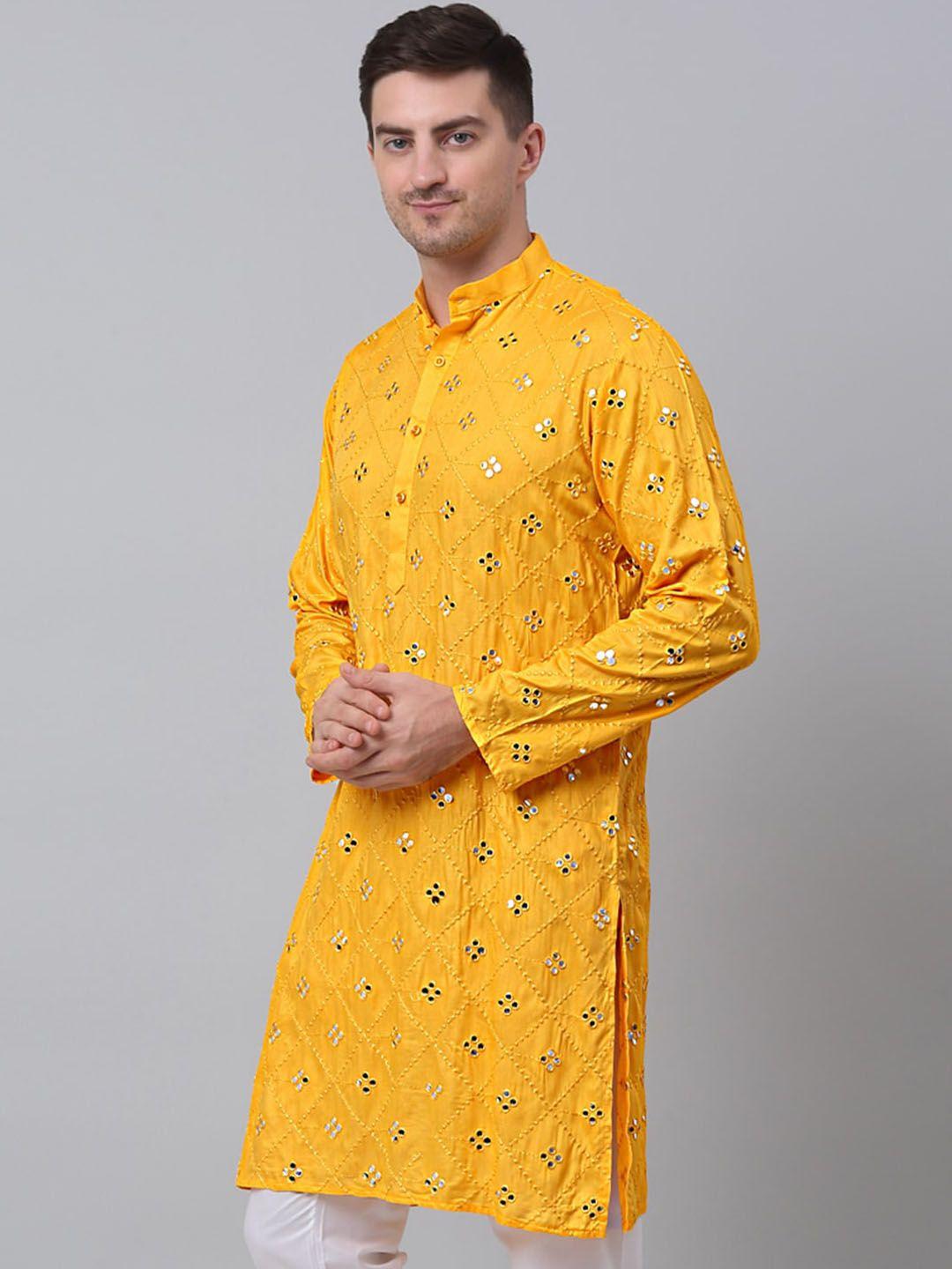 jompers men mustard yellow geometric mirror work kurta