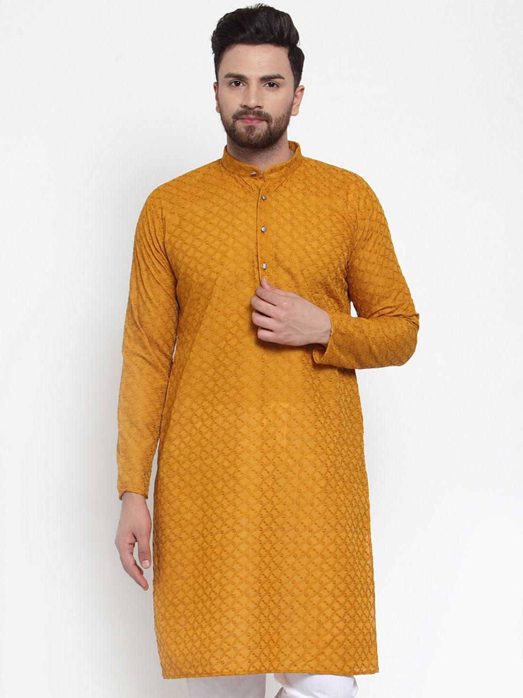 jompers men mustard yellow thread work straight kurta