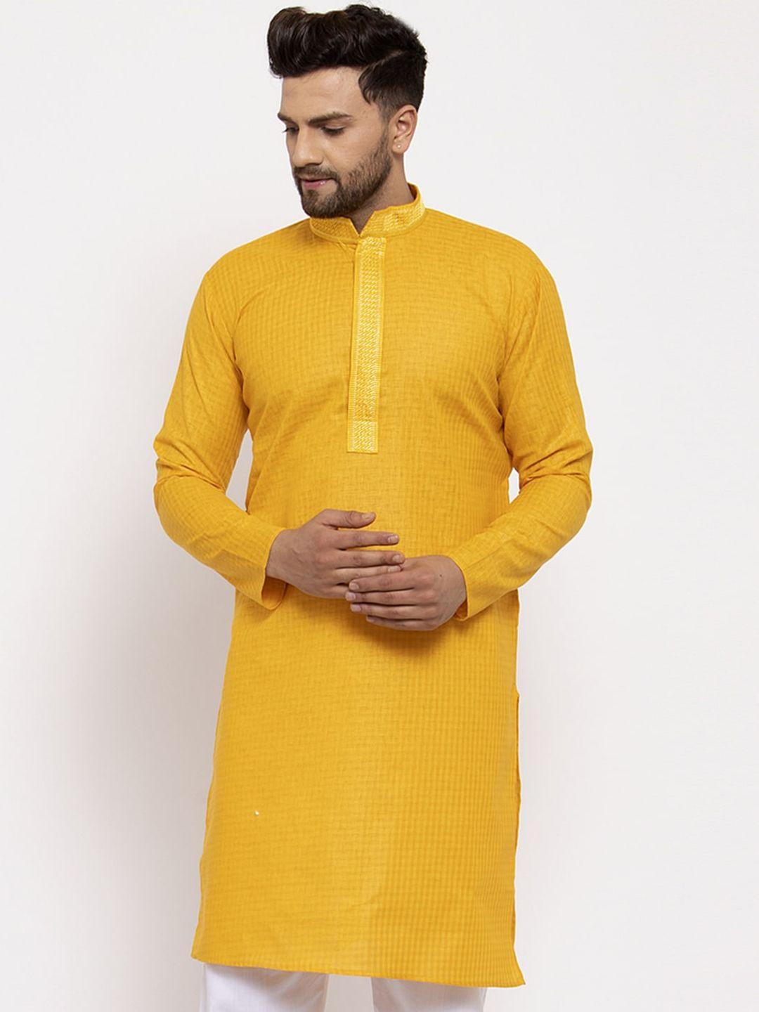 jompers men mustard yellow woven design cotton kurta