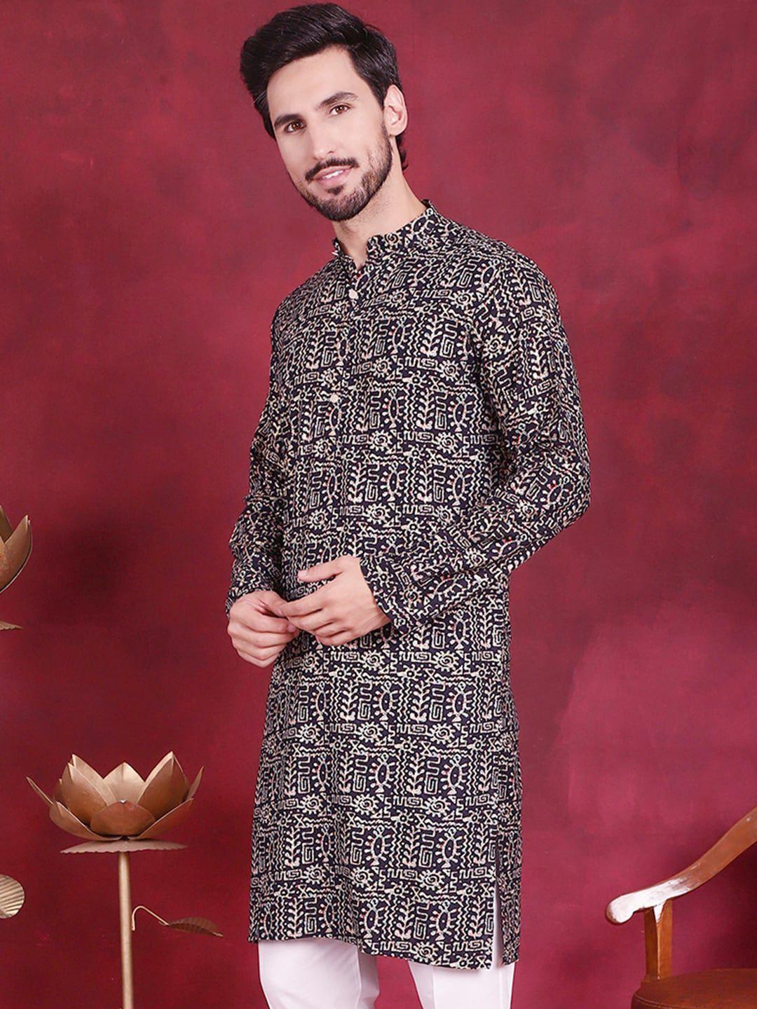 jompers men navy blue & beige ethnic motifs printed kurta