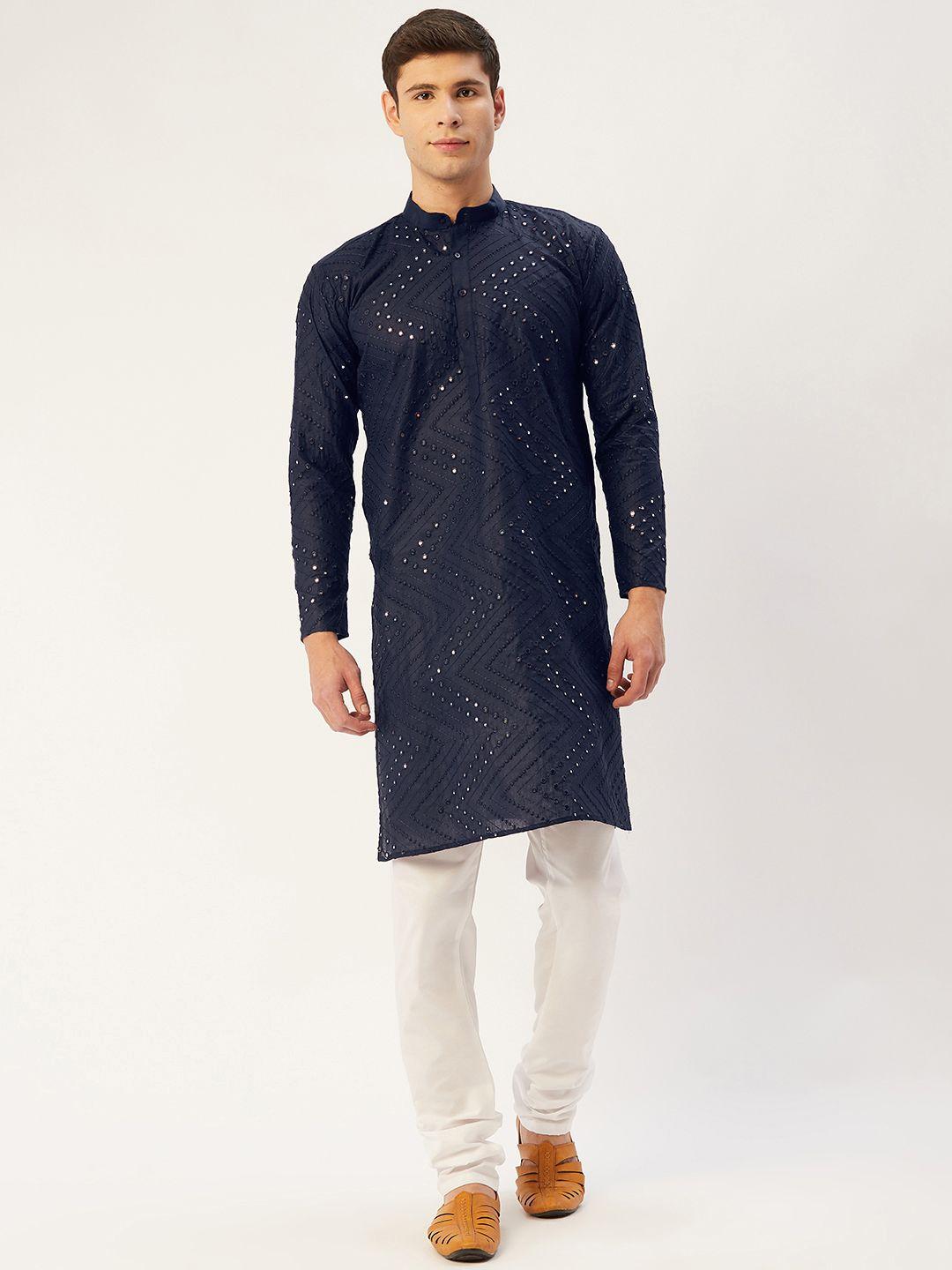 jompers men navy blue & off-white embroidered mirror work cotton kurta with churidar