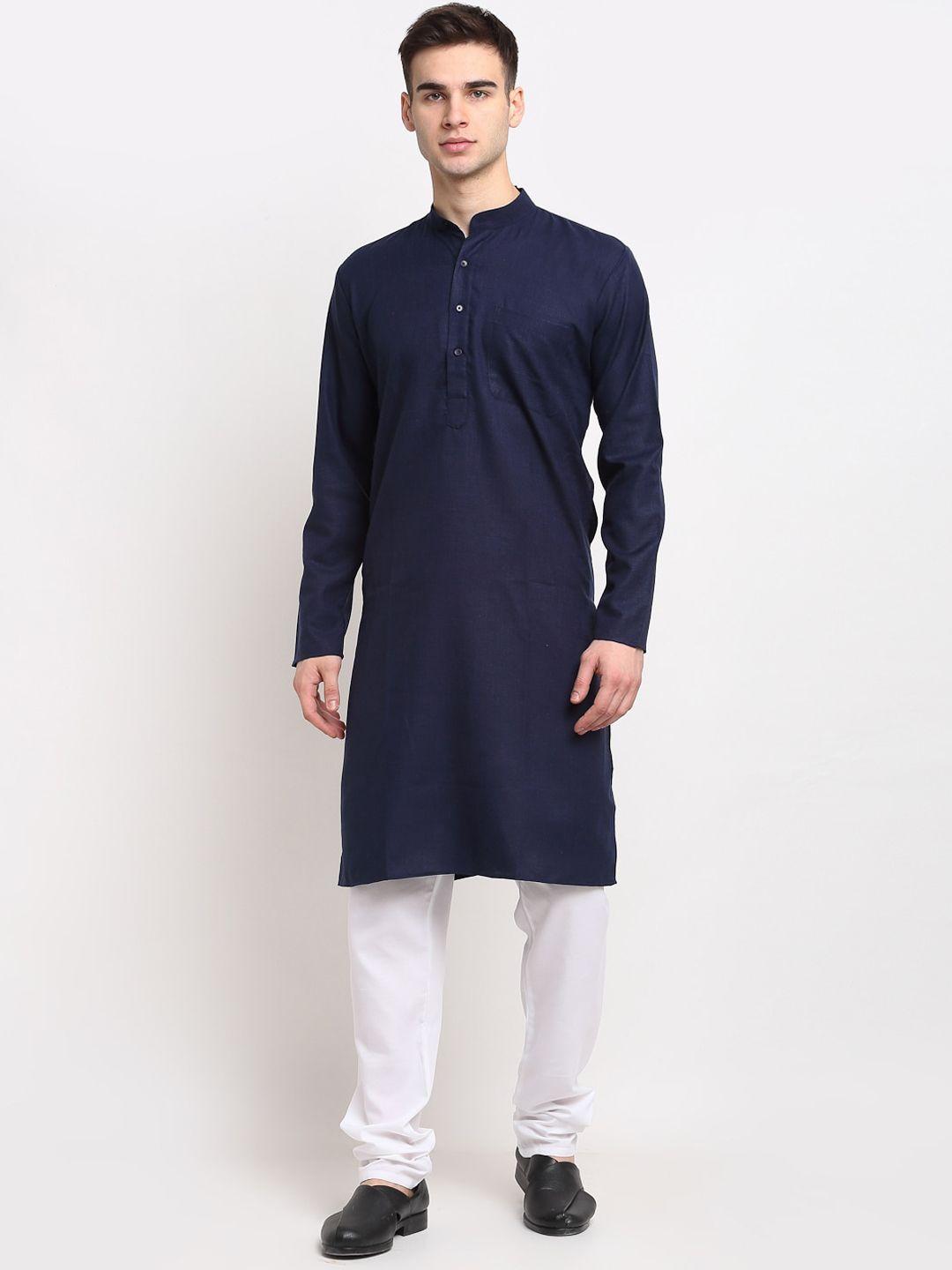 jompers men navy blue & white kurta with churidar