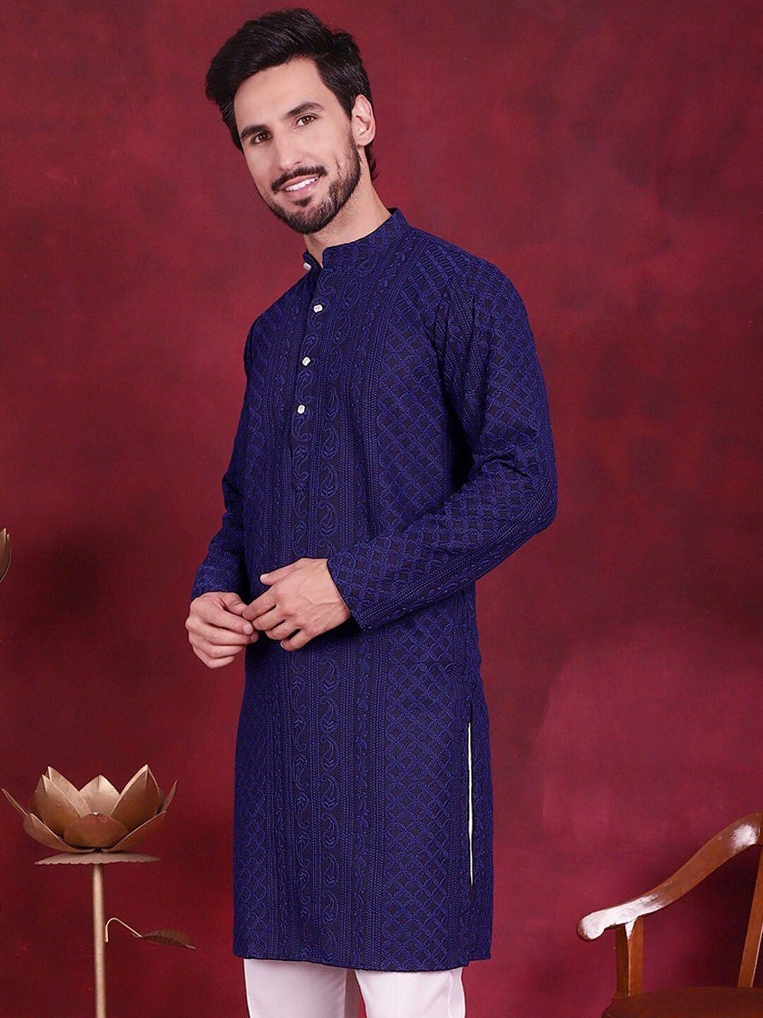 jompers men navy blue & white paisley embroidered sequinned georgette kurta
