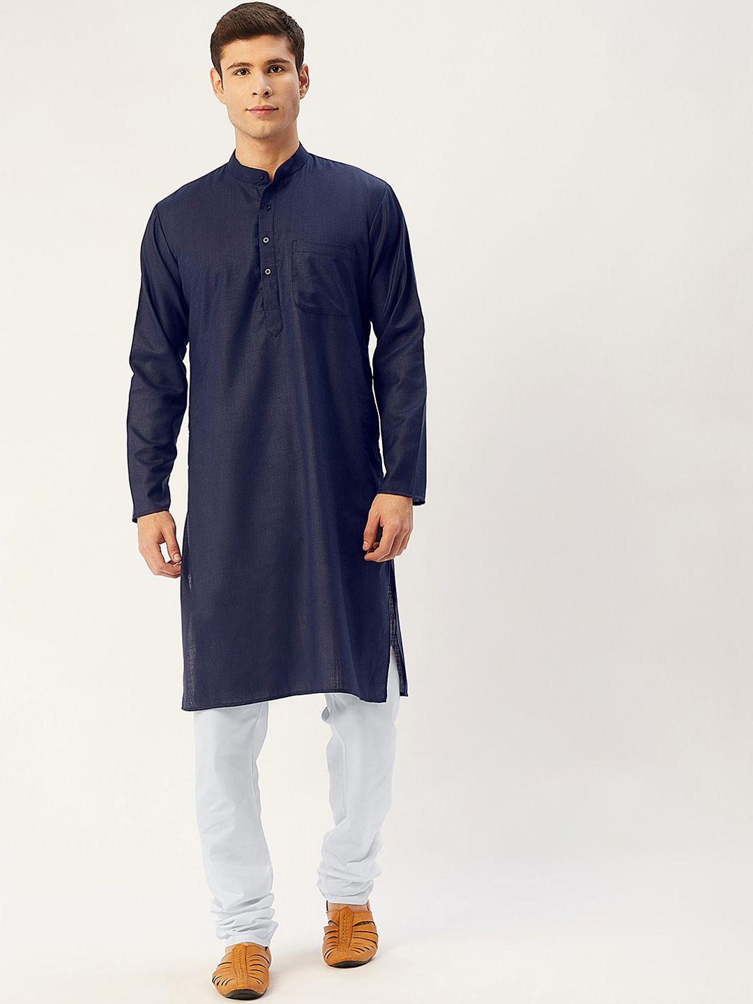 jompers men navy blue cotton kurta with pyjamas